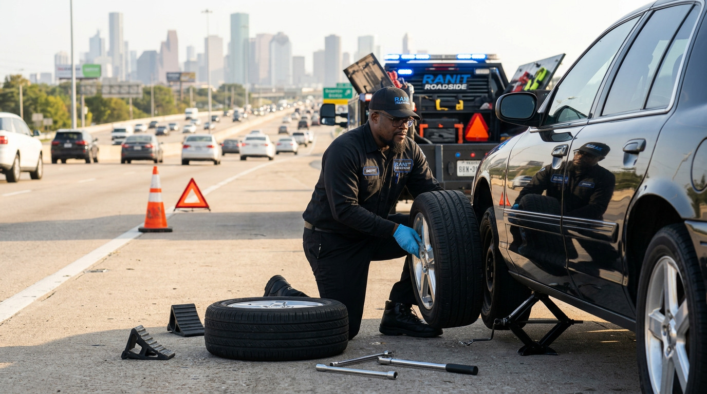 RANIT Roadside technician Shorty performing a tire change service on a black Mercury Marauder on a Houston highway shoulder